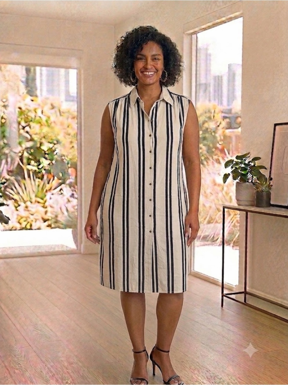 H&M Sleeveless Striped Button-Front Dress - Cream & Black